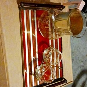 Vintage glass teapot with tray creamer and sugar pieces to match